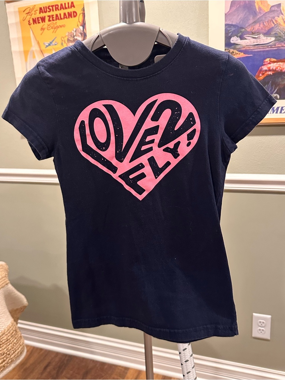 Girls Navy Short-Sleeve Tee with Pink Heart 'LOVE 2 FLY' Graphic
